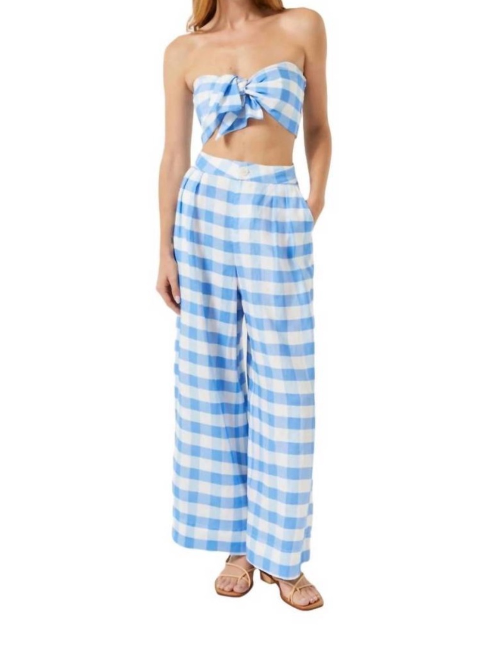 Rhode Linen Campbell Pants Gingham Wide Leg Blue White 10